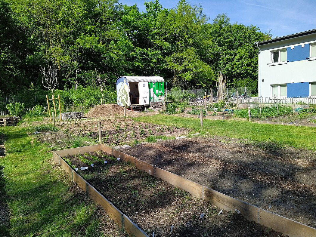 Das Foto zeigt den Überblick über den Garten im April 2025