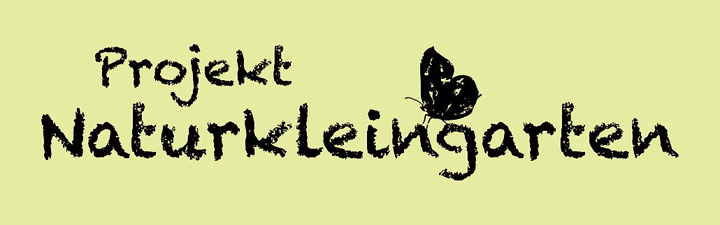 Logo des Projektes Naturkleingarten: Kreideschrift mit handgezeichnetem Schmetterling, der auf dem Schriftzug sitzt