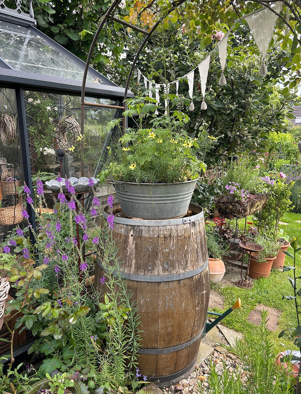 Blick vom Wasserfass und Gewächshaus in den Garten, Auf dem Wasserfass steht eine bepflanzte Zinkwanne; an einem Rosenbogen hängt eine Wimpelkette