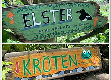 Tiere im Garten Man sieht vier Schilder, die auf Tiere im Garten hinweisen