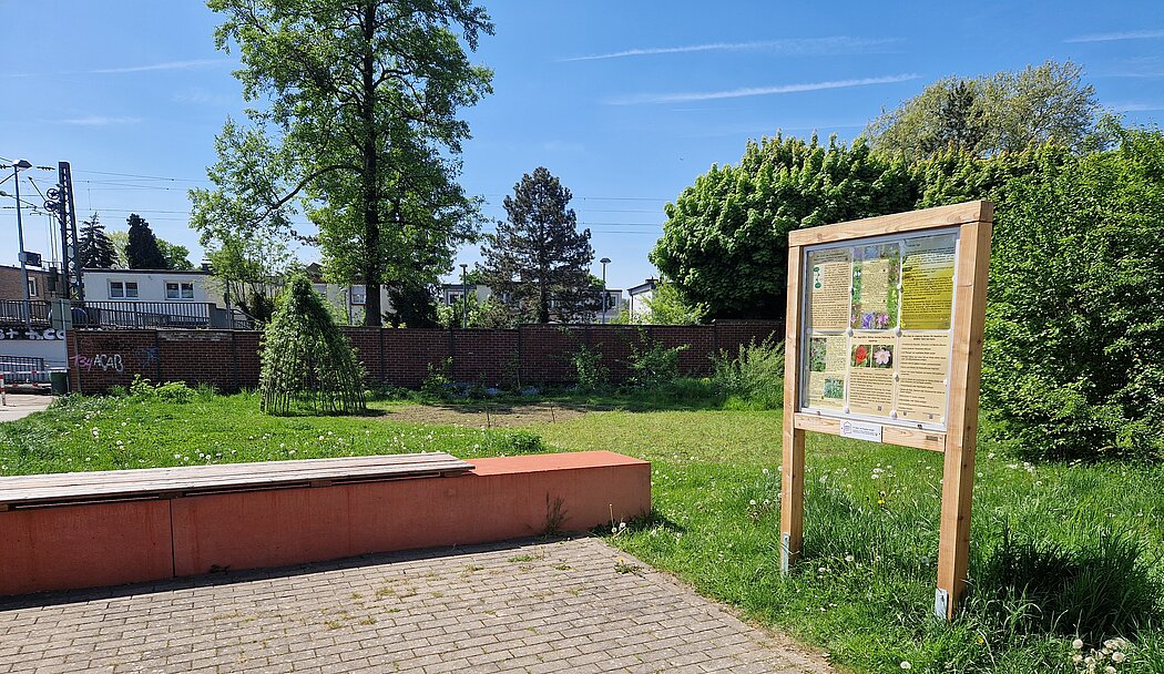 Horster Blütendreieck, Essen naturnah gepflegte Wiese mit Weidentipi und Schaukasten