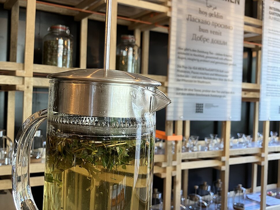 Innenansicht der Pop-Up-IGA Duisburg. Eine Teekanne mit Tee steht auf dem Tresen, im Hintergrund sind Tafeln zu sehen mit der Aufschrift "Willkommen".