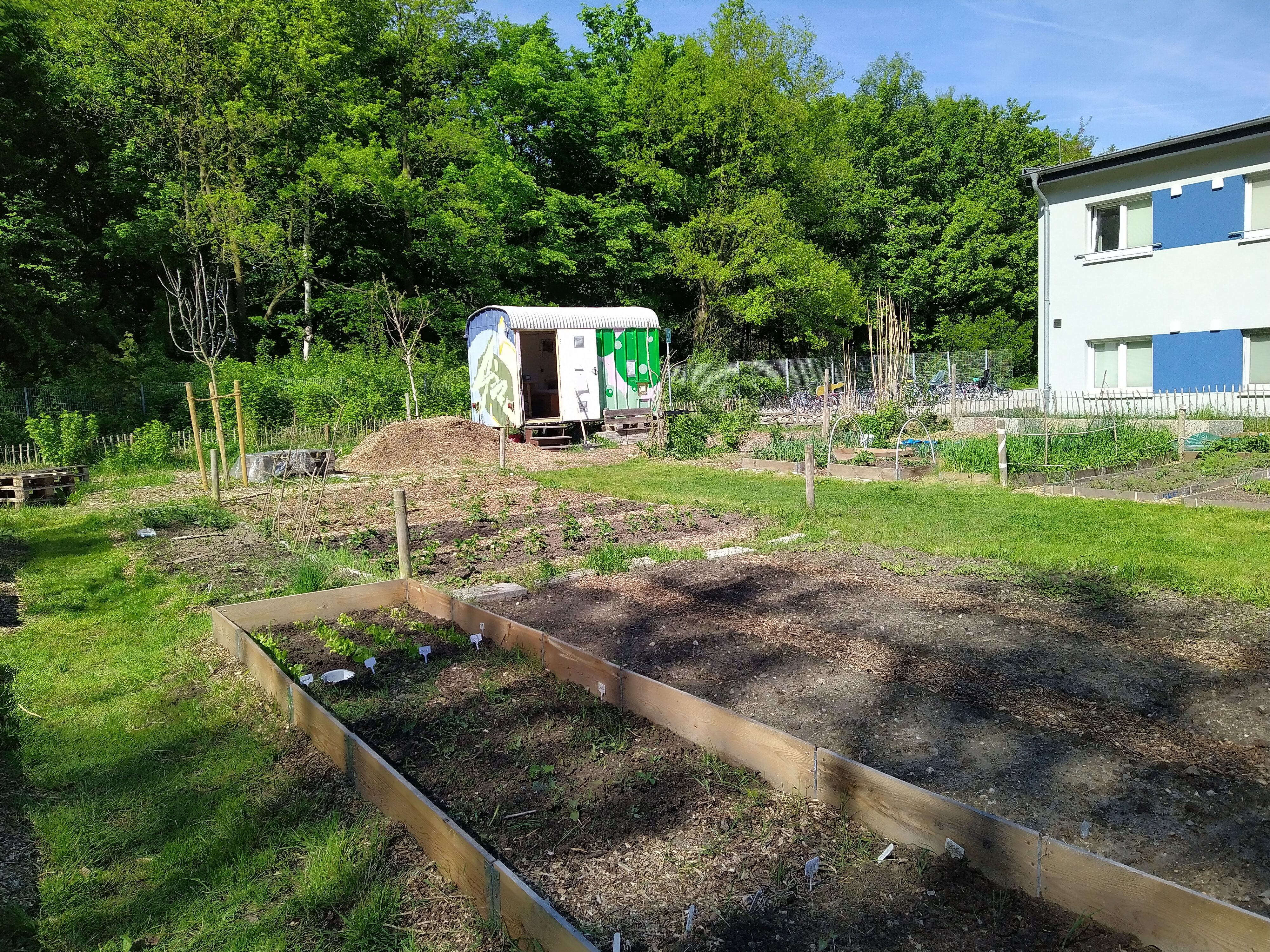 Das Foto zeigt den Überblick über den Garten im April 2025