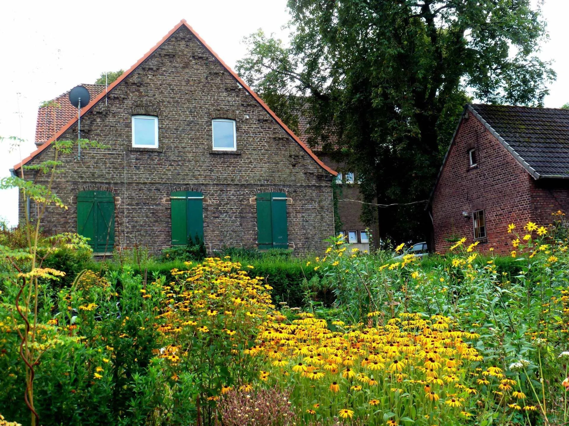 Privatgarten mit Stauden im Vordergrund und einer Hofanlage im Hintergrund
