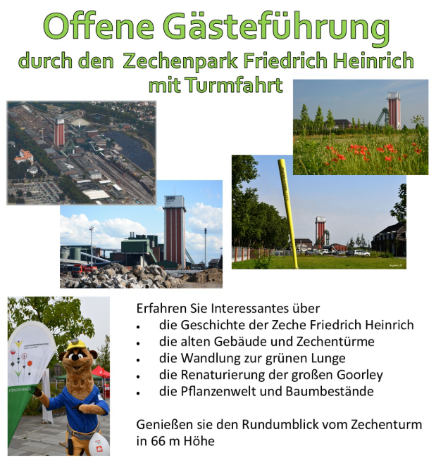 Flyer für die Offene Gästeführung Zechenpark Friedrich Heinrich mit Fahrt auf den Förderturm